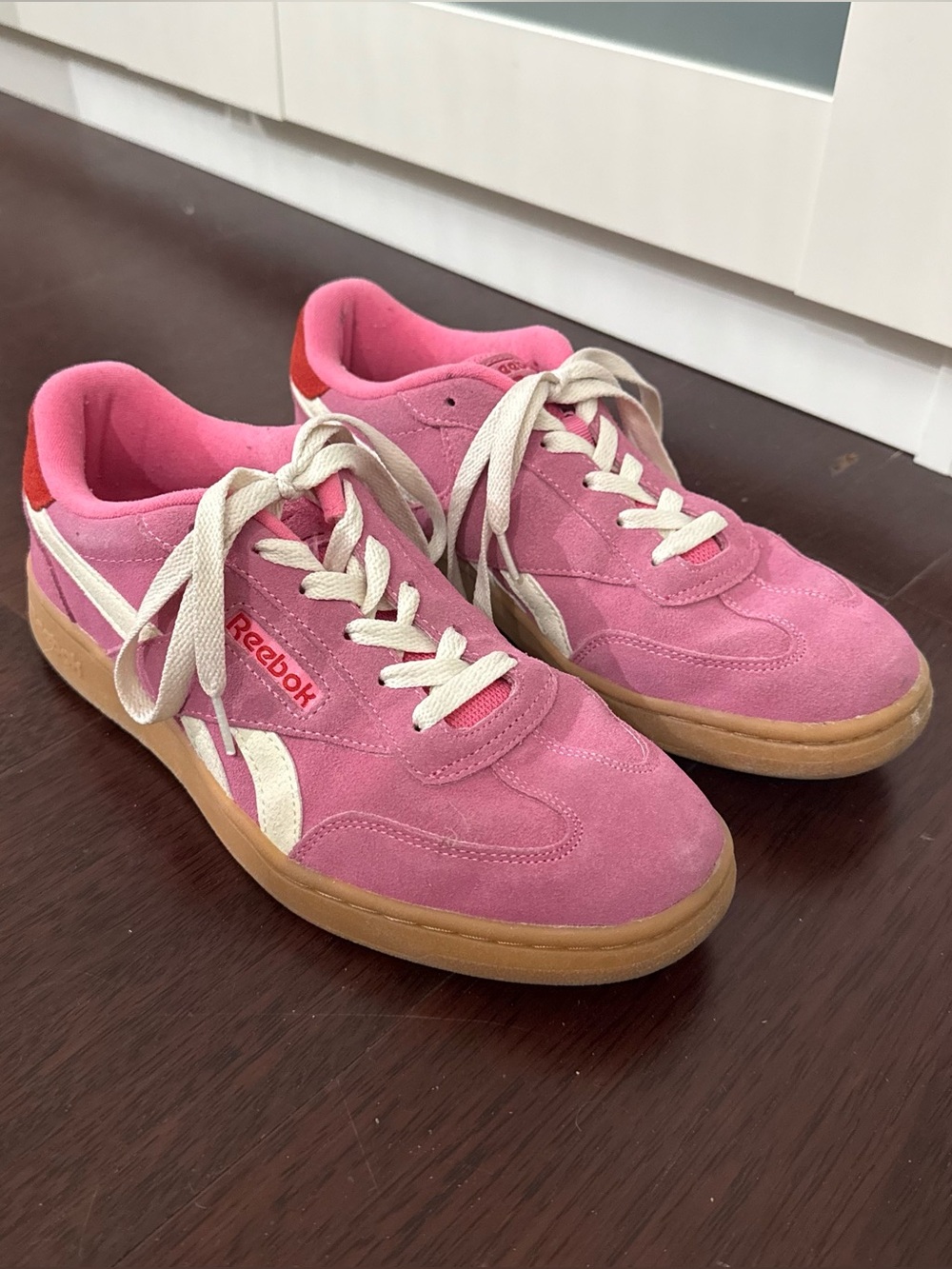 Reebok Pink Suede Sneakers with Cream Accents and Gum Sole